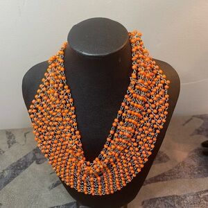 Vintage Multi Strand Orange , Beaded Necklace, Bib Style With Double Clasp
